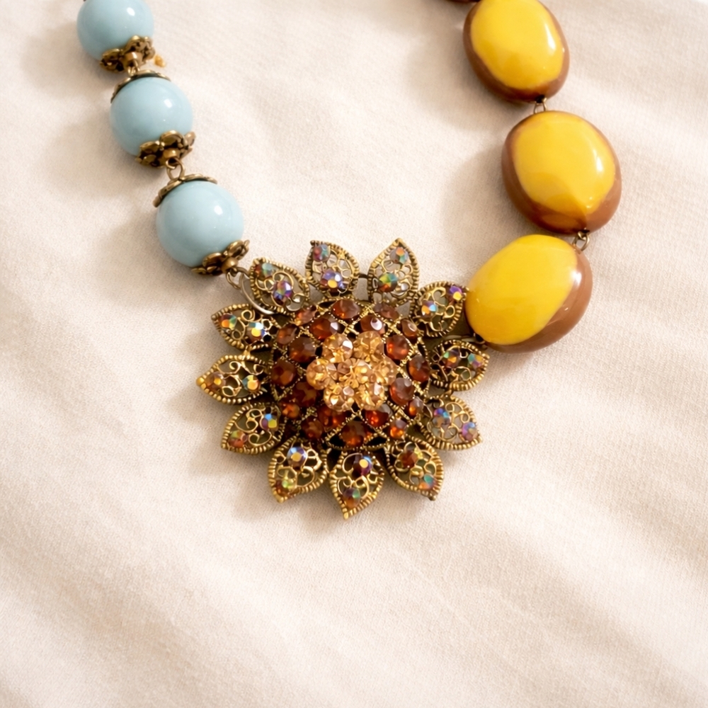 Plunder Design Floral Statement Necklace Blue Yellow Rhinestone Pendant - Picture 6 of 6